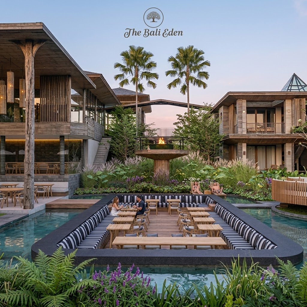 An elegant open-air brunch setting at Eden, surrounded by water and gardens