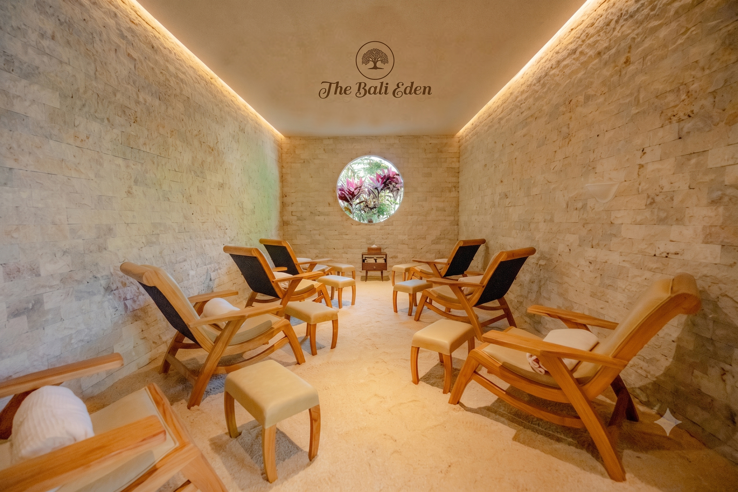 The softly lit salt therapy chamber at Eden